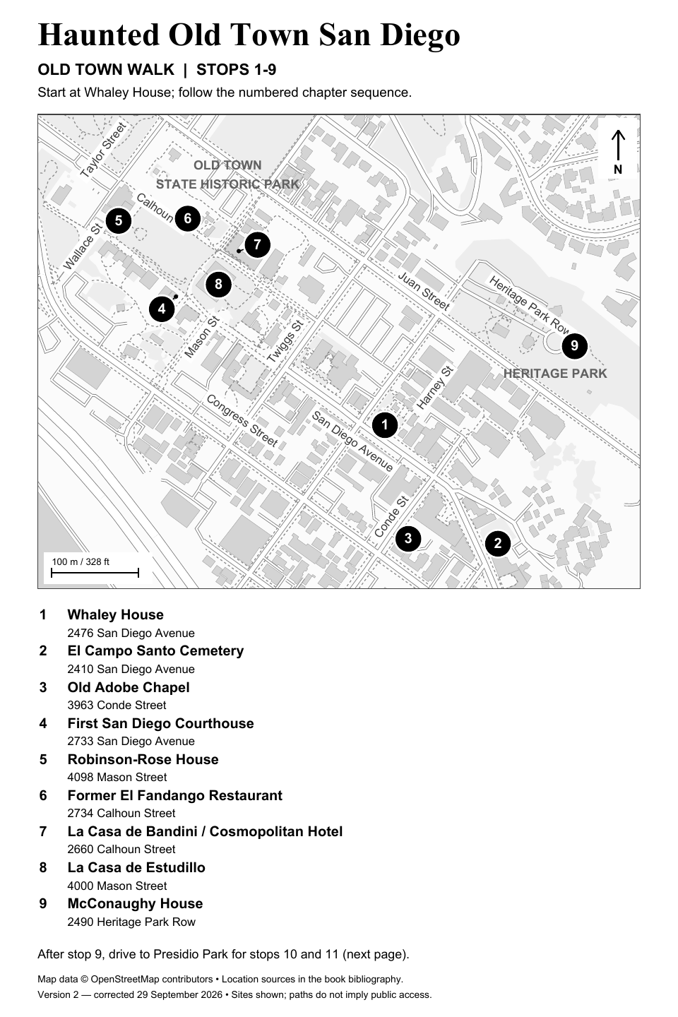 Walking map of Old Town San Diego, stops 1 to 9